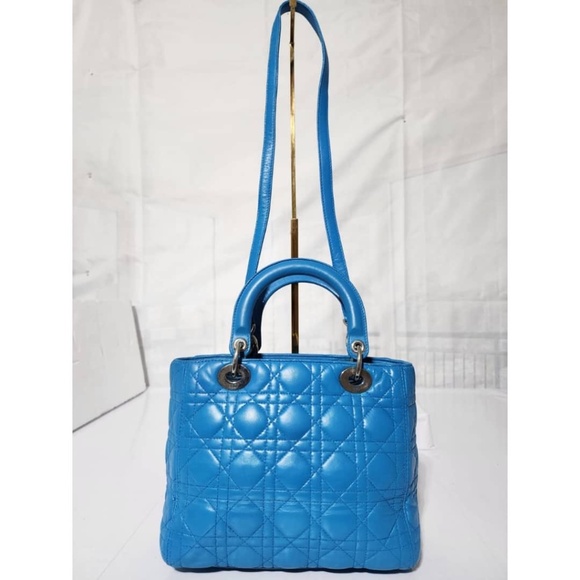 Authentic CHRISTIAN DIOR Lambskin Cannage Medium Lady Dior Satchel Bag Blue - Picture 4 of 16
